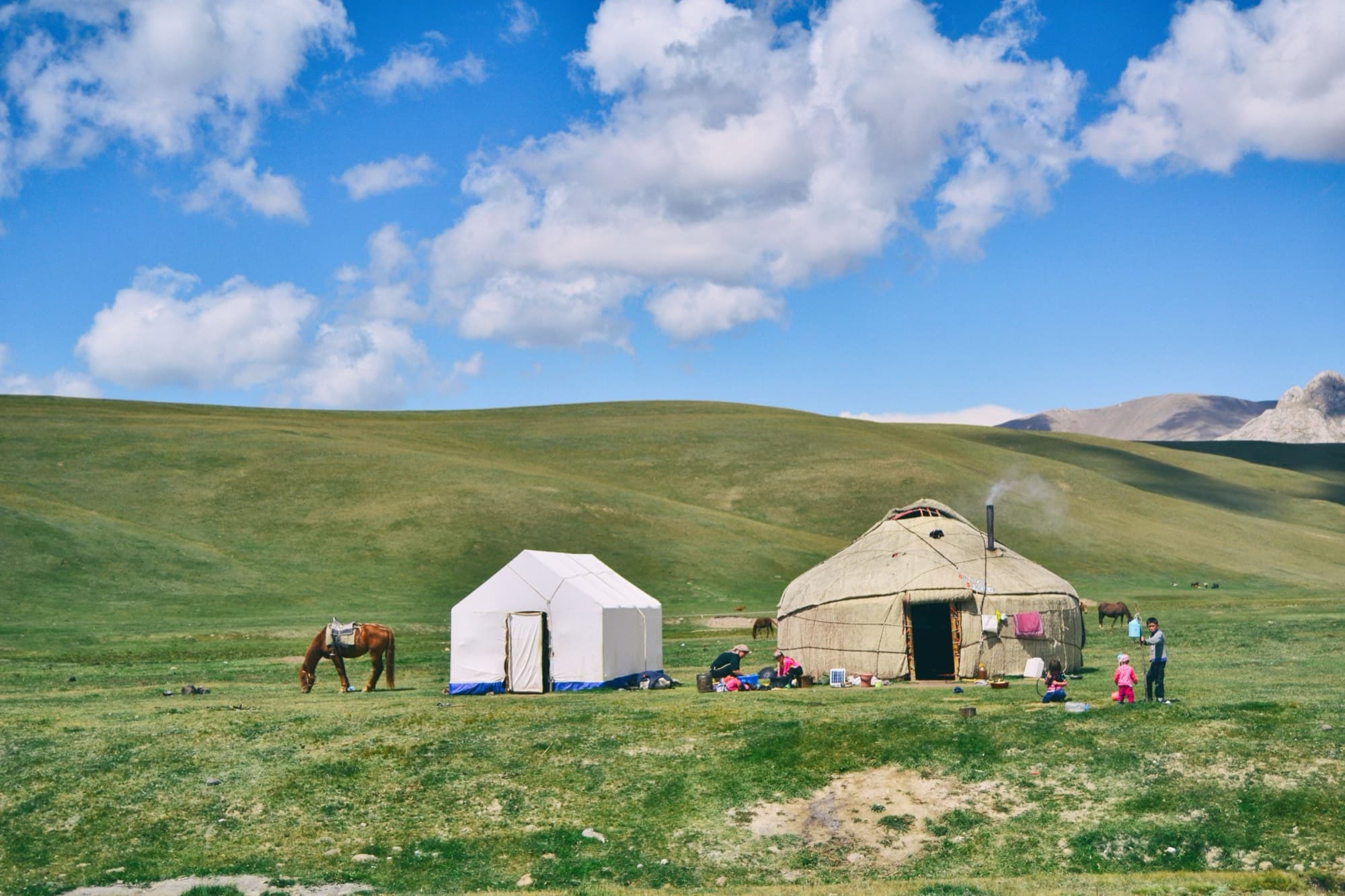 Yurts on the summer pasture at Song-Kul, Kyrgyzstan